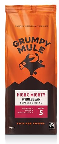 Grumpy Mule High and Mighty Espresso Blend Whole Coffee Beans with Notes of Cocoa and Roast Hazelnut 1kg