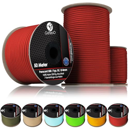 Ganzoo Paracord 550 typ 3 utomhussnöre i 100% nylon, 4 mm rep i cherry, levereras på 50 m rulle, 7 kärntrådar och 32 manteltrådar, för flätning, knutar, camping, hundkoppel och halsband