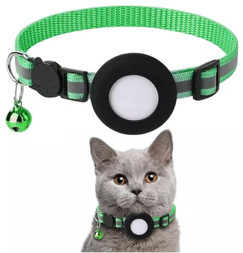 Airtag Katzenhalsband,Reflektierend GPS Leichte Tracker Katzenhalsbänder mit Airtag Hülle, Schnellverschluss, 21-34cm Verstellbar für Katzen Kitten Q7 (Grün)