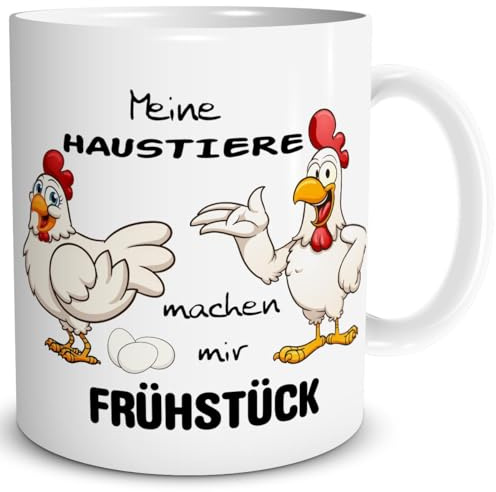 TRIOSK Hühner Tasse mit Spruch lustig - Meine Haustiere machen mir Frühstück! - Geschenk für Männer, Frauen, Huhn-Fans, Hühnerliebhaber & Landwirte - Ostern, Büro, Stall - Keramik 300 ml