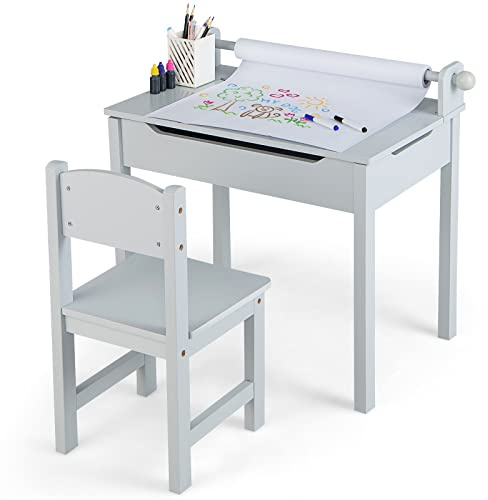 GOPLUS Barnbord med stol, målbord med pappersrulle och markör, fällbart barnstolsgrupp med förvaringsutrymme, multifunktionellt barnbord för målning, lek, mat för barnrum (grå)