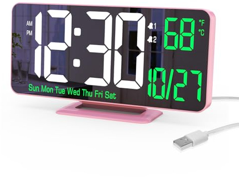 KOSUMOSU Sveglia rosa da 6,7 pollici con doppio allarme, attenuazione, 12/24 ore, data, giorno della settimana, temperatura, orologio digitale a LED, sveglia per decorazione da tavolo