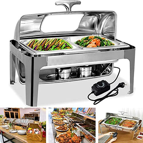 WQZStar Electric Buffet Server Chafing Dish Buffet Set, Stainless Steel Food Buffet Servers And Warmers With Lid, Catering Food Warmers For Kitchen Party Banquet Dining 9L,Double Grid