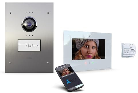 m-e iP Video-Türsprechanlage Unterputz mit Edelstahl-Frontplatte für 1-Familienhaus | 7“ Innenstation weiß | Türklingel mit Kamera | 4-Draht Freisprechanlage Video Sprechanlage VDV-9109 W