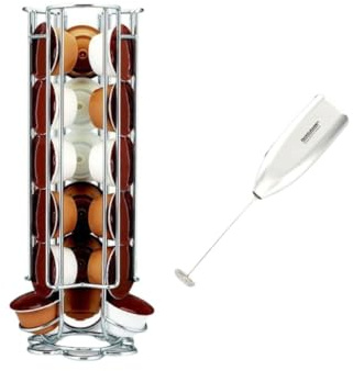 Fackelmann Porte capsules Dolce Gusto avec mousseur à lait | 18 capsules à portée, Gain de place sur plan, Fil chromé inox, Duo café avec mousseur, Format 11 x 11 x 32,7 cm, Plastique