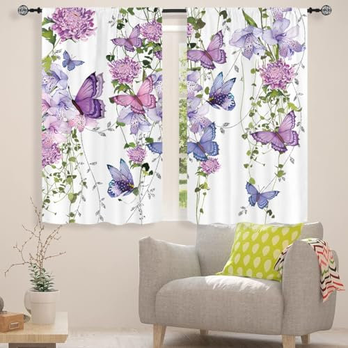 Famiffty Purple Butterfly Window Curtains 29W X 63L Inches 2 Panels Rod Pocket Spring Floral Lavender Curtains Lilac Summer Leaves Plant Girly Window Drapes Treatment Living Room Bedroom Home Decor