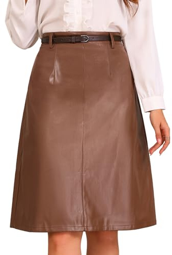 Allegra K Jupes en Similicuir Femme Jupe Midi Crayon Vintage avec Ceinture Taille Haute Jupe Mi-Longue Trapèze Marron M