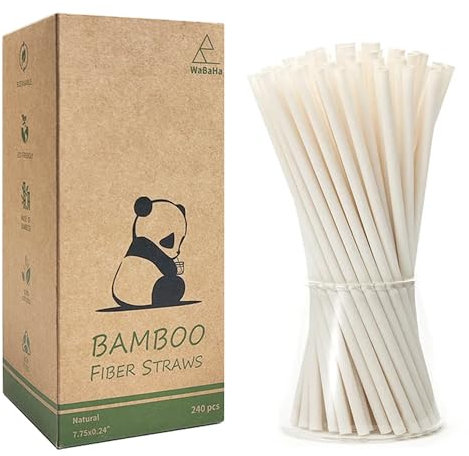 100% Biodegradable Bamboo Fiber Drinking Straws - 7.8 in x 0.25 in, Pack of 240 Disposable Natural Bamboo Straws for Hot & Cold Drinks