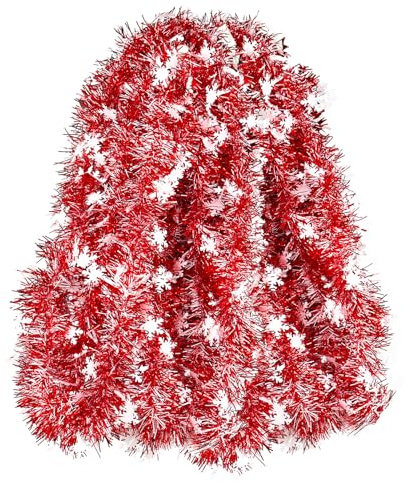 HBell 10 Meters Chunky Metallic Twist Garland - Xmas Tinsel Hanging Decoration for Christmas Tree & Wedding Party Supplies (Red White)