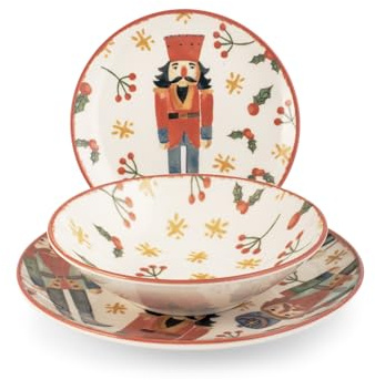 H&H, Servizio tavola 18 pezzi Kingdom set tavola natalizio, decoro schiaccianoci, in stoneware, lavabile in lavastoviglie