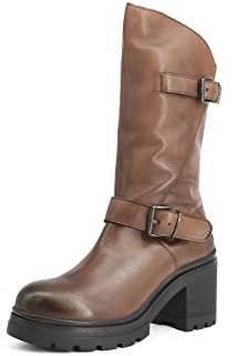 QUEEN HELENA Bottes Biker en Cuir Bottines à Talons Plateau Zip Latérale Femmes QH22L267, marron, 35 EU