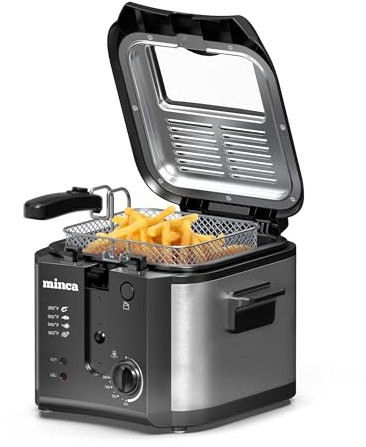 minca 1500W Electric Deep Fryer, 2.5 Liter Immersion Frying Basket with Heat-insulated Foldable Handle, Removable Lid with Odor Filter and Viewing Window, Adjustable Temperature, Stainless Steel
