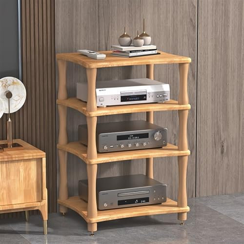 Hifi-Audio-Rack-Regal aus Holz, 1-, 2-, 3-, 4-stufiger AV-Komponenten-Medienständer, Stereoschrank, Audio-Video-Turm mit Stoßdämpferfüßen für Verstärker/DVD-Player/Spielekonsole/TV-Box (Holz, 4 Eben