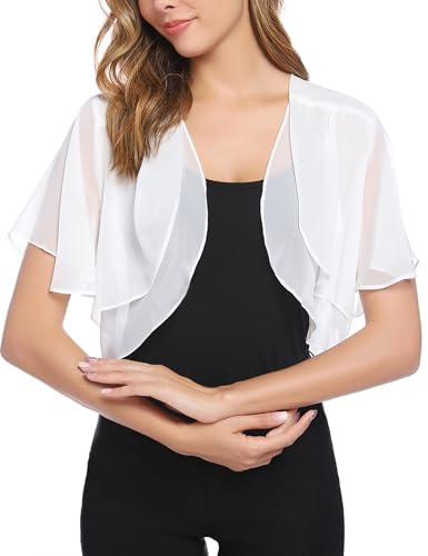 Aottori White Bolero Cardigans for Women Summer Chiffon Shrugs Boleros Ladies Short Sleeve Open Front Sheer Shawls Casual Thin Cropped Cardigan UK Evening Wedding White L
