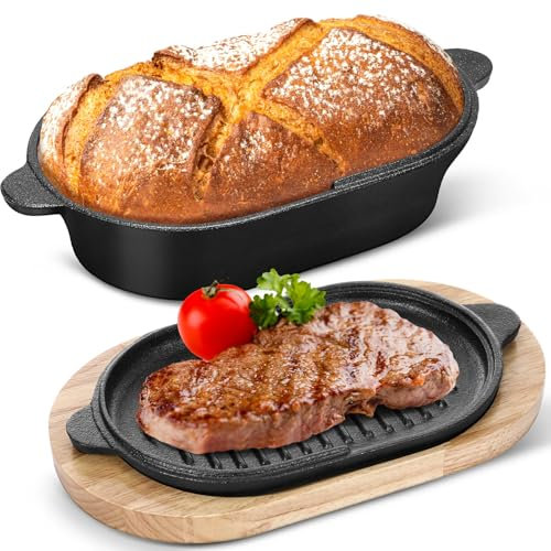 Teenyyou Cast Iron Bread Loaf Pan Set with Lid 2 in 1 Pre Seasoned Cast Iron Dutch Oven Pot Bread Cooking Pan with Dual Handles and Wooden Plate for Homemade Frying Sourdough Bread Baking(Black)