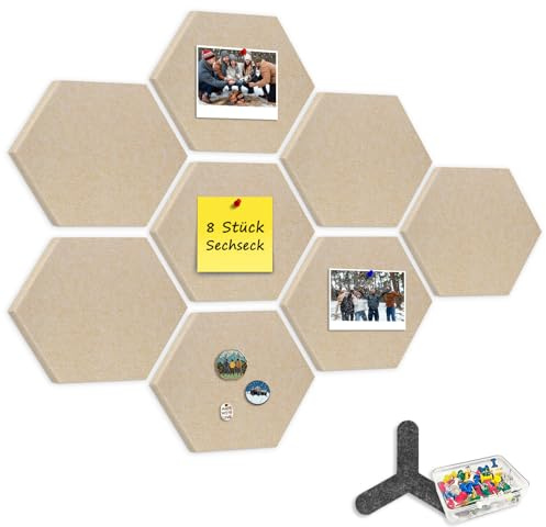 CUHIOY 8 Stück sechseckige Pinnwand modern, selbstklebend, 19x22cm Deko | Beige Pinnwand Kork Alternative, 1,2cm Dickle mit 80 Pinnnadeln für Büro, Küche, Kinderzimmer, Kleine Pinnwand