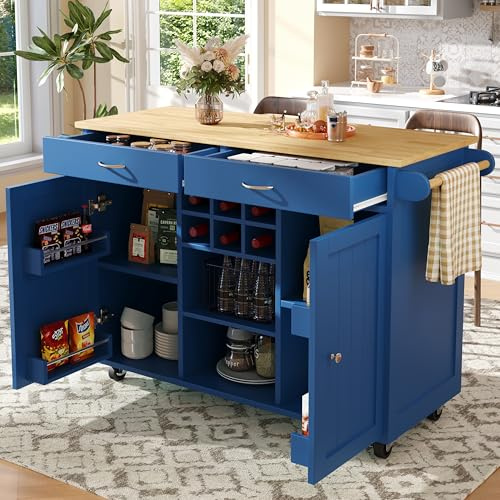 Merax Isla de cocina móvil con encimera, mueble de cocina con ruedas con 2 puertas, estante para vino, estante abierto, toallero, carrito de servir, para cocina y comedor, color azul