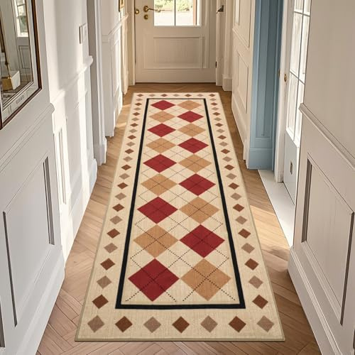 Geanup Kariert Teppich Läufer Flur 60x180 cm, Braun Waschbar Küchenteppich mit rutschfest Rückseite, Weich Kurzflor Wollimitat Schlafzimmer Teppich, Modern Indoor Korridor Carpet für Eingang Fußmatte