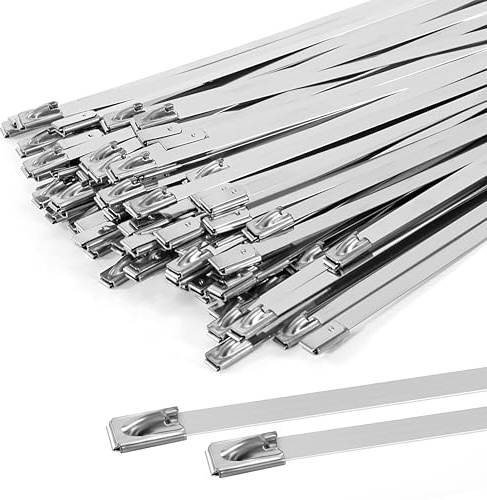 Bridas de Acero Inoxidable 300 x 4.6mm, 100 Piezas Bridas Metalicas Bloqueo Automático, Multiusos Metal Cable Ties para Fijación de Tuberías, Reparación de Cercas y Atado de Cables