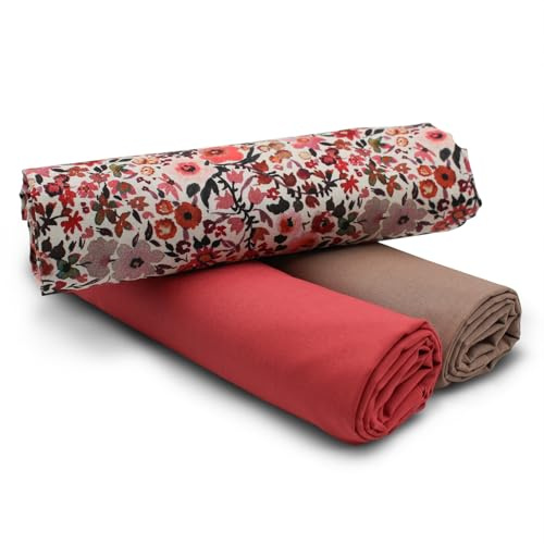 VmG-Store 1,5m Baumwollstoff Set Designstoff + 2x Uni farblich abgestimmt 100% Baumwolle Material Auswahl (Blumen Rötlich Set21)