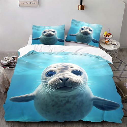 VOGIAY Ropa de cama de 135 x 200 cm, diseño de foca, funda nórdica para adolescentes, niñas y niños, microfibra, funda nórdica con 1 funda de almohada de 80 x 80 cm, ropa de cama con cremallera