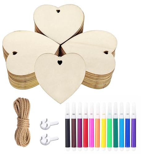 Prelisee 48 Stück Herz Holzscheiben zum Basteln, 7.5cm Holzherzen Scheiben Naturholzscheiben mit 10m Juteschnur, 12 Aquarellstifte, Holz Herzen Streudeko für Hochzeit,Geburtstag,Weihnachtsbaum