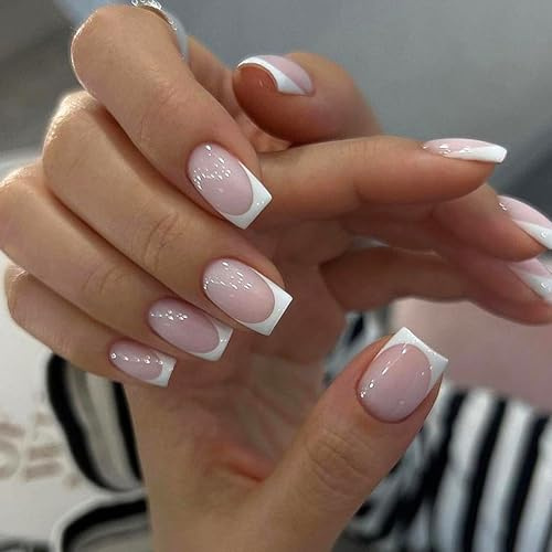 Ceboic 24Pcs Press on Nails Kurz Eckig, White French Tips Nägel zum Aufkleben Full Cover Kunstnägel, Soft Gel Nägel zum Aufkleben, Acryl Square Fake Nails für Frauen & Mädchen DIY Maniküre