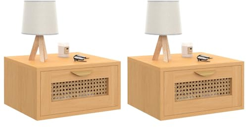 IDMarket - Lot de 2 Tables de Chevet murales EDHEN cannage et Bois | Avec 1 tiroir suspendu