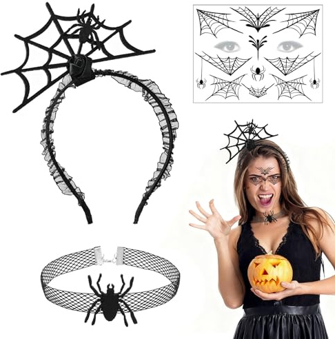 Spetsbst Halloween Haarreif Spinne mit Halsketten Tattoo Gesicht Halloween Kopfschmuck Kostüm Accessoire für Fasching Party Cosplay