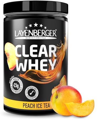 Layenberger CLEAR WHEY Protein Pulver Eistee-Pfirsich (1x420 g) | Klarlösliches Molkeneiweißisolat für Muskelaufbau, 77 % Eiweiß, 22,9 % BCAA