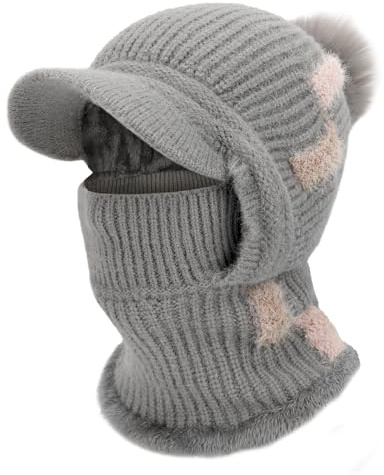 TAGVO Wintermützen und Schals aus Strick Damen, 3 in 1 Thermo Winddicht Elastisch Atmungsaktiv Strickmütze mit Weichem Fleece Innenfutter Halswärmer, Sturmhaube Fahrrad Gesichtsmaske für Frauen