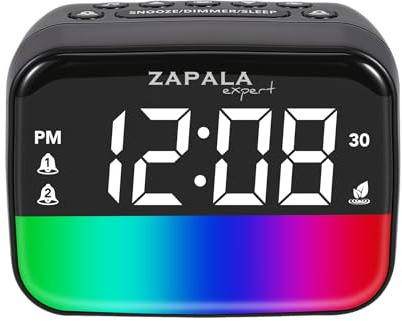 ZAPALA Expert RGB Alarm Clock for Bedroom, Loud Alarm LED Bright Display, Simple Basic Digital Clock with Bluetooth Speaker, Sleep Sounds, Adjustable Dimmer, Snooze for Deep Sleepers Kids Elderly