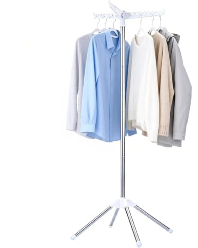 Beaudaily Clothes Drying Rack, Foldable Laundry Drying Rack, Indoor 59-Inch Drying Rack Clothing with 3 Rotatable Arms, Stainless Steel, Holds 27 Pieces, Space Saving, Portable, White and Silver