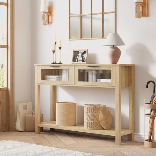 OPULENTHOME Console à 2 tiroirs en Verre, Table d'appoint Moderne en Bois avec Compartiments de Rangement, pour entrée, Salon et Salle à Manger, 110 x 30 x 80 cm