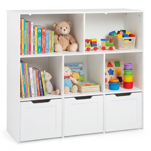 COSTWAY Kinderregal mit Boxen auf Rollen, Bücherregal Kinder mit 5 Fächern & 3 Schubladen, Spielzeugschrank Kinderschrank aus Holz, Spielzeug-Organizer für Kinderzimmer, 100 x 33 x 90 cm (Weiß)