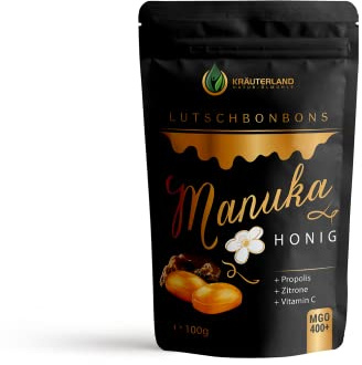 Kräuterland Manuka Honig MGO 400+ Lutschbonbons 100g mit 30% Propolis | natürliche Flavonoide/Bienenharz-Wirkstoffe für Wohlbefinden im Rachen-/Mundraum, Praktisch in der Handtasche für unterwegs
