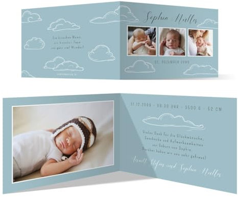 10 x Geburtskarten Babykarten individuell für Junge oder Mädchen - Wolkenhimmel