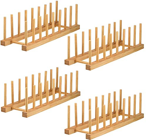 Lawei 4 Stück Bambus Abtropfgestell Bamboo Tellerständer Bambusregal Küche Holz Abtropfbrett Abtropffläche Lagerung Inhaber Platzsparend Küchenschrank-Organizer für Schüssel Tasse Schneidebret Buch