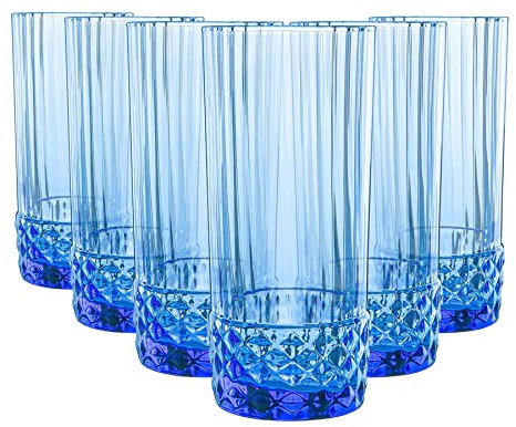 Bormioli Rocco 20 años de Estados Unidos Highball Glasses - Vintage Art Deco Vasos de cóctel - 490ml - Azul Zafiro - Pack de 6