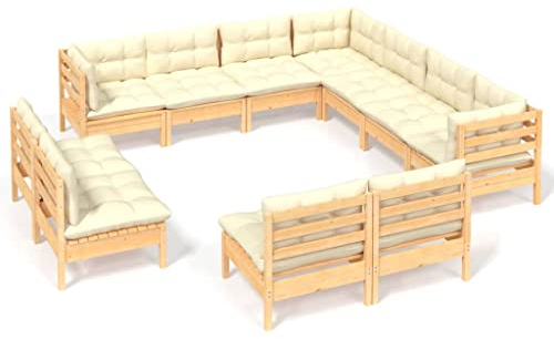 vidaXL Kiefernholz Massiv Gartenmöbel 11-TLG. mit Creme Kissen Ecksofa Mittelsofa Sitzgruppe Sofa Lounge Garten Garnitur Gartensofa Gartenset