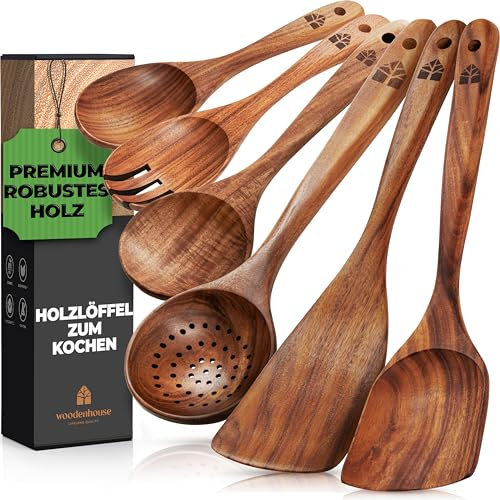 Kochlöffel Holz Set - Holzkochlöffel 6 Stück aus Teakholz mit Holzlöffel Set und Pfannenwender - Natürlich & Perfekt für Antihaft. Robuste & Hitzebeständige Küchenutensilien