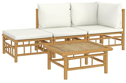 Tidyard 4-TLG.Outdoor-Lounge-Set mit Kissen Balkonmöbel, Balkonlounge Gartenmöbel,Loungemöbel Gartenlounge, Garten Möbel, Garnitur Gartensofa Mittelteil Ecksofa Fußhocker,Tisch,Bambus