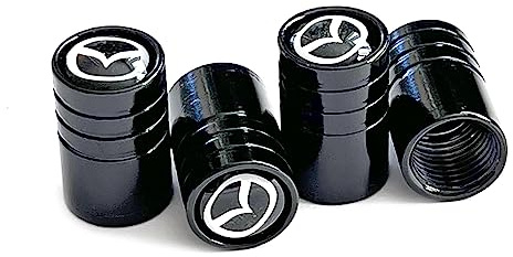 4 Stück Set Aluminium Ventilkappen Style Suzuki Opel Landrover Mazda Mercedes AMG Logo für Auto, Fahrrad, Motorrad. Deckel aus Metall (Mazda schwarz)