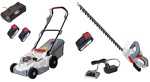IKRA Akku Rasenmäher Mulchmäher ICM 2/2037 Mit 2 Akkus, Doppel-Schnellladegerät & Heckenschere IAHS 20-1, 20V Ladestation, Schnittlänge 54cm