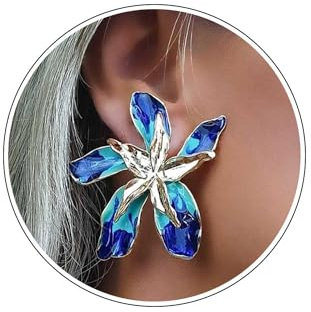 Wendalern Boho Large Blue Floral Enamel Earrings - Exaggerate Flower Petal Dangle Drop Statement Earrings - Metal Texture - Jewelry for Women and Girls