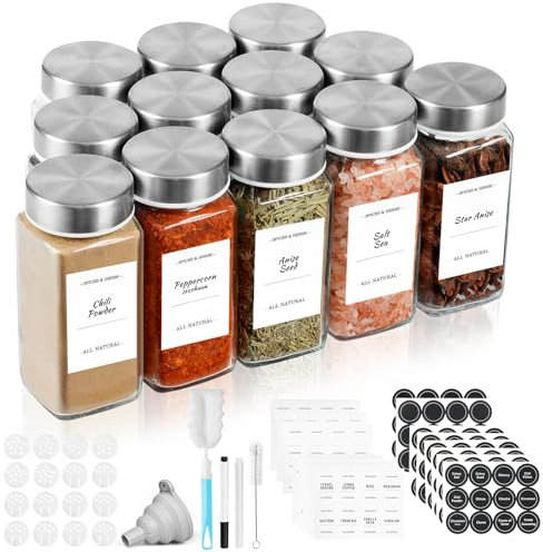 FRIBERG Pot a Epices,Lot De 12 X 120ml Pot à épices Verre,Bocaux Epices Avec Couvercle En Acier Inoxydable,Avec Tamis, étiquettes,Brosser, Entonnoir