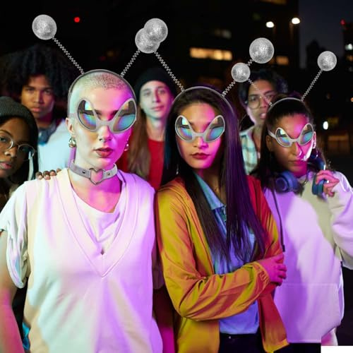TGFIX 6 Stück Alien Kostüm Damen Karneval Alien Kostüm Accessoires mit Silberne Alien Brille Alien Haarreifen Halskette Alien Verkleidung für Karneval Fasching Maskerade Halloween Cosplay Party