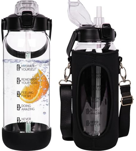 Seekua 1.5l Glasflasche | Trinkflasche Glas mit Strohhalm & Zeitmarkierung, Auslaufsicher 1.5 liter Große Wasserflasche Glas für Smoothie, Kohlensäure Geeignet, Spülmaschinenfest