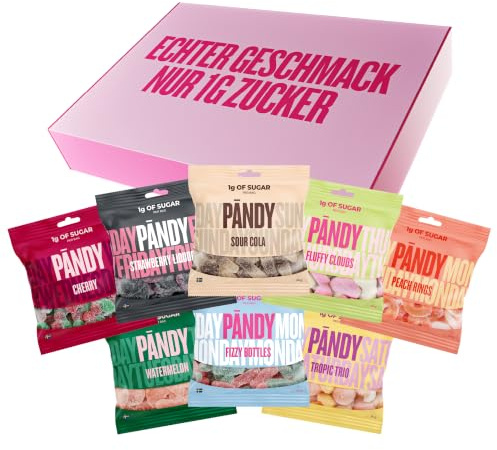 Pändy 8 Mix Süßigkeiten Multipack, Gummibärchen, 1g Zucker, 8x 50g | Mix Gummibärchen-Multipack mit 8 Sorten. Zuckerfreie Gummibärchen, glutenfrei, 70-85 Kalorien pro Beutel.