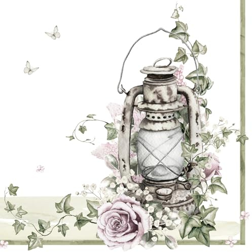20 Servietten Blumen, Garten & Natur Rose an Vintage-Laterne als Tischdeko. Papierservietten mit Motiv. Auch für Decoupage und Serviettentechnik 33x33cm